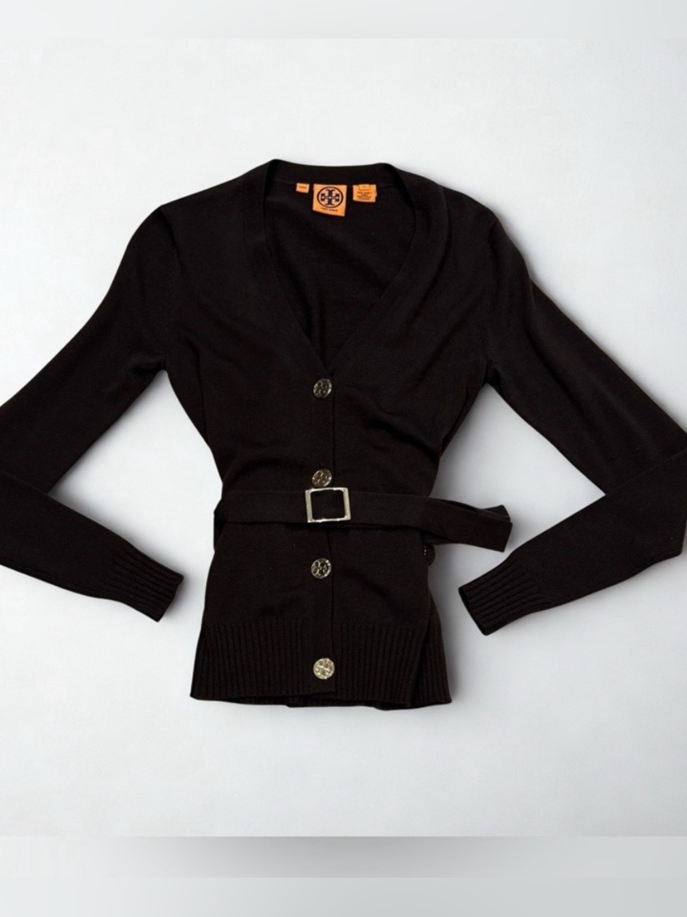 Tory Burch Brown Wool Belted V-Neck Knit Cardigan, Size XS